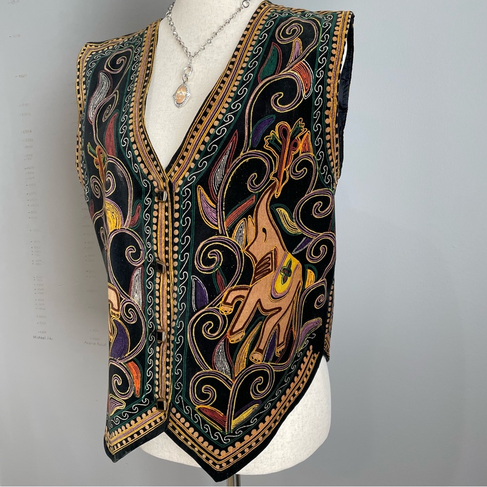 VTG Pabst Blue Ribbon Velvet Vest XXL Black Elephant Print V Neck Button Down - Picture 7 of 12